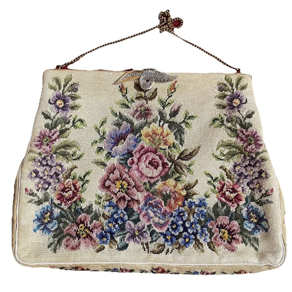 VTG Floral Needlepoint Purse Petit Point 7x10 Handbag Tapestry Handmade Evening